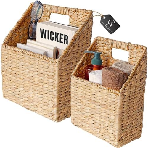Set of 2 Wicker Hanging Storage Baskets, Handwoven Wall Baskets for Mail, Files, Books & Accessories, Wall-Mounted Organizer for Entryway, Kitchen, Office, Boho Farmhouse Decor