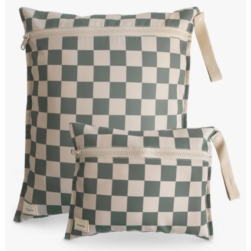 mushie Water Resistant Wet Bags | Large & Small Reusable Storage Bag for Baby Items and Travel | Zippered Pockets with Handle | Machine Washable, Set of 2 (Olive Check)
