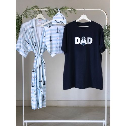 Maternity robe and swaddle set boy. Mommy and me Robe and swaddle set. Baby shower gift. Dad shirt. Swaddle blanket. Anchor. Sailor. Sea.