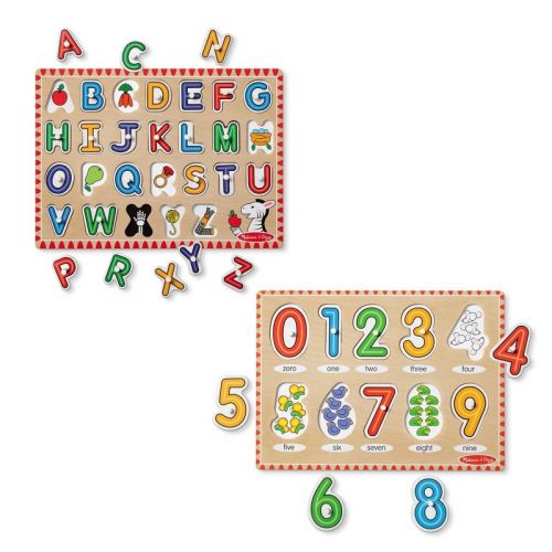 Melissa & Doug Wooden Lift & See Peg Puzzle Early Learning 2pk for Girls' and Boys' – Alphabet, Numbers