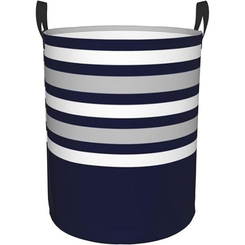 Large Laundry Basket, Nautical Modern Navy Blue Gray Stripes Collapsible Laundry Hamper Dirty Clothes Washing Bin for College Dorm Storage Essentials