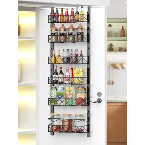 Over the Door Pantry Organizer, 6-Tier Pantry Organizers and Storage, 6+1 Metal Hanging Wall Mount Spice Rack for Kitchen Behind the Door Storage Organizer with Adjustable Basket