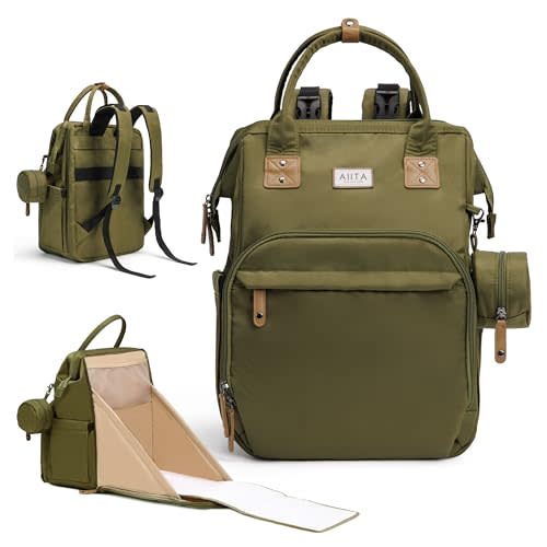 AIITA Diaper Bag Backpack, Multifunction Diaper Bag with Changing Pad, Baby Diaper Bags for Boys Girls, Stylish Large Capacity Travel Backpack for Moms Dads, Baby Shower Gifts,Unisex – Olive Green
