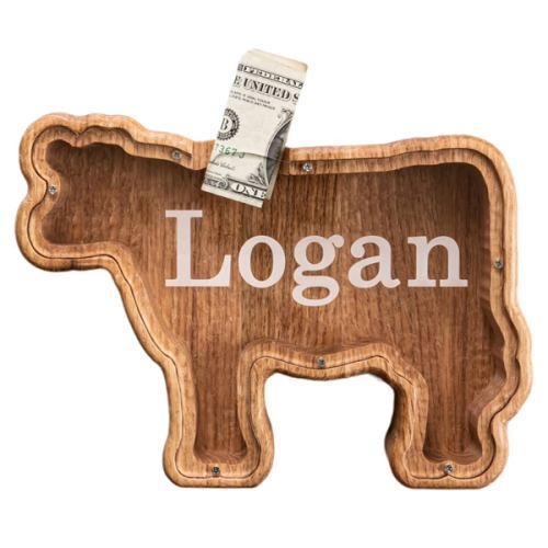 Cow Piggy Bank, USA Made, Personalized Piggy Bank for Kids, Wooden Animal Cow Bank, Farmhouse Nursery Decor, Farm Animal Piggy Bank (Cow)