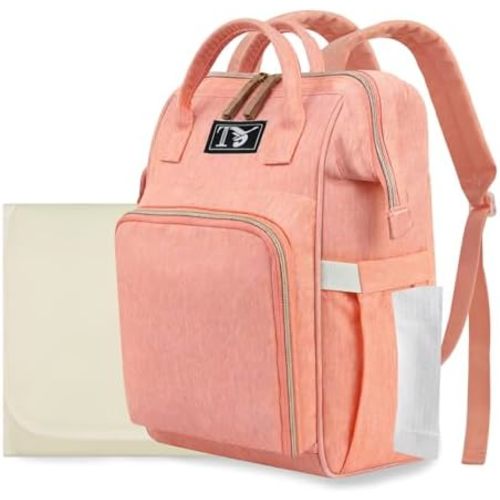 Diaper Bag Backpack for Women - Multifunction Travel Essentials Baby Diaper Bag with Changing Pad, Large Backpack Baby Girl Boy, Insulated Bottle Holders & Stroller Straps (Pink+Orange)