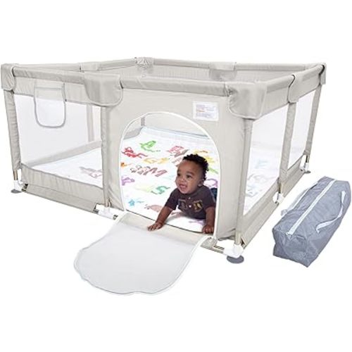 Baby Playpen, 50x50 Inch Playpens for Babies and Toddlers, Foldable Playpen with Carrying Bag, Play Yard for Indoor and Outdoor with Visible Mesh(Light Gray)