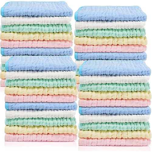 Tudomro 20 Pack Muslin Burp Cloths 20 x 10 Inch Absorbent Baby Washcloths 6 Layers Baby Rags Face Towels, 5 Colors