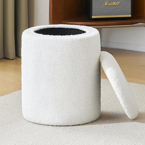 Round Ottoman with Removable Lid Upholstered, Multifunctional Vanity Chairs for Makeup, Soft Footrest Stool Ottoman Foot Stool for Living Room, Bedroom, Boucle, White