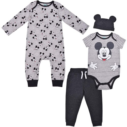 Disney 4 Pack Mickey Mouse Jogger and Creepers Set with Cap, Bodysuit Bundle for Baby