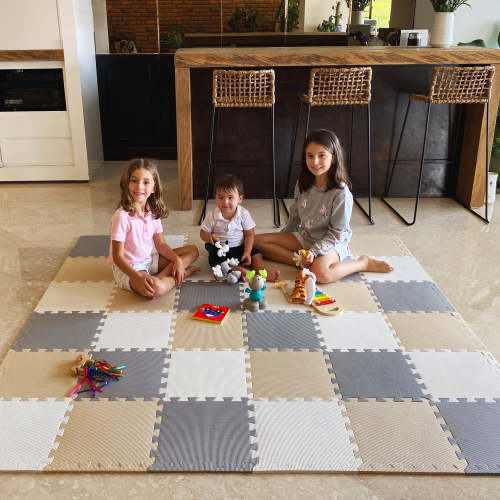 MioTetto Non-Toxic Foam Play Mat for Babies & Kids, Interlocking Puzzle Tiles, Cream-Gray-Beige, 36 Pieces – Perfect for Tummy Time, Crawling, Nursery, Playroom, or Gym