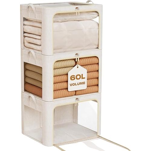 3Pack 60L Large Cloth Storage Bins with Metal Frame, Linen Storage Box with Clear Window, Stackable Sweater Storage for Closet, Clothes Containers for Comforters, Blankets, Quilts, T-shirt