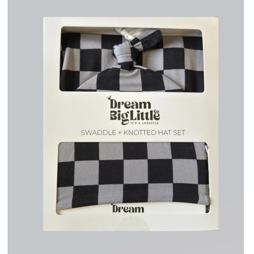 Dream Big Little - Charcoal Checkers Stretchy Swaddle and Hat
