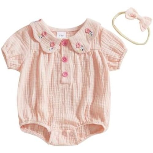 Newborn Baby Girl Summer Clothes Flower Embroidery Doll Collar Short Sleeve Romper with Bow Headband Infant Outfit