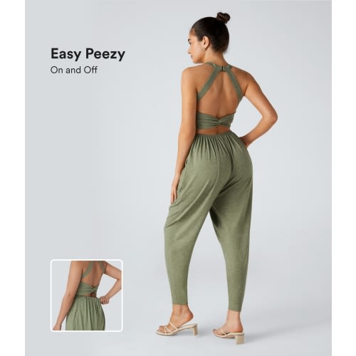 Backless Twisted U Neck Side Pocket Harem Casual Jumpsuit-Easy Peezy Edition