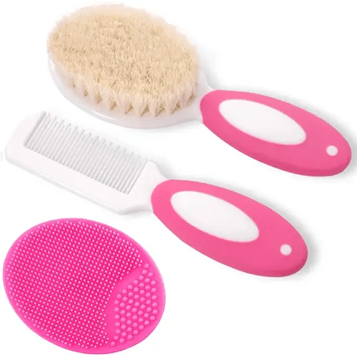 Baby Hair Brush and Comb Set for Newborns & Toddlers | Natural Soft Goat Bristles | Ideal for Cradle Cap | Perfect Baby Registry Gift (Red)