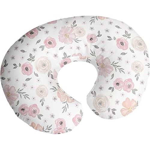 Sweet Jojo Designs Watercolor Floral Nursing Pillow Cover Breastfeeding Pillowcase for Newborn Infant Bottle Breast Feeding Pillow NOT Included - Blush Pink Grey Boho Shabby Chic Rose Flower Farmhouse