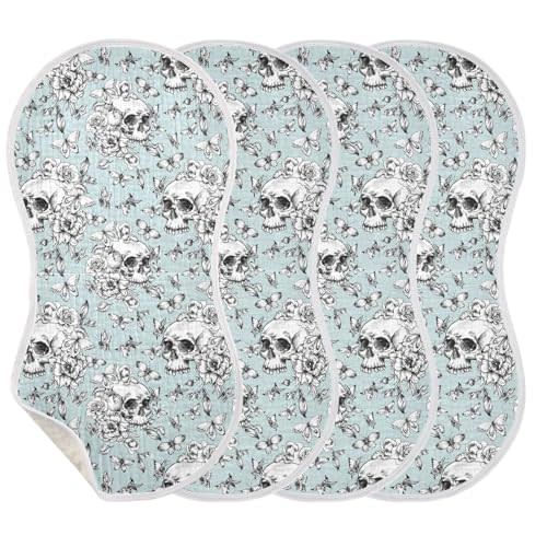 JHKKU Muslin Burp Cloths for Baby Boys and Girls - 4-Pack Ultra Absorbent Goth Skull Muslin Washcloths, Newborn Towel, Milk Spit Up Rags, Burp Cloth Bib for Unisex, 22 x 11 Inch