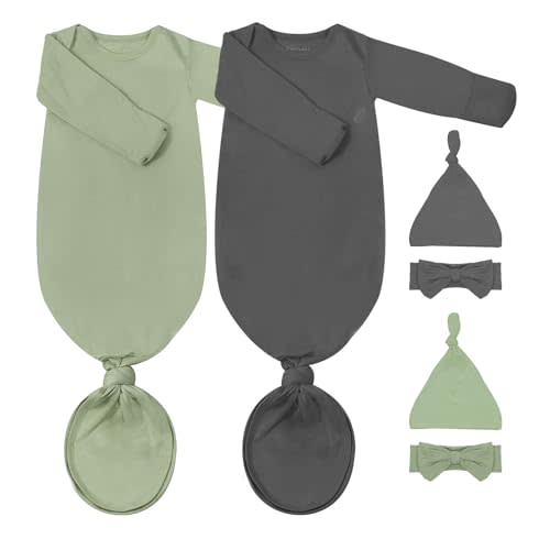 COOZYNANA 2Pack Newborn Baby Knotted Gown, Super Soft Modal Infant Long Sleeve Sleeper with Hat and Headband Set
