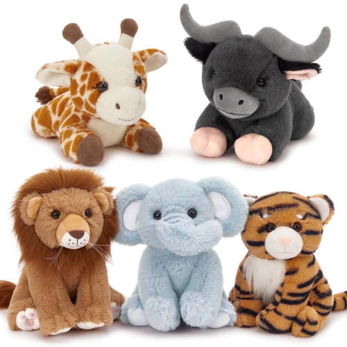 Muiteiur 5 Pieces Safari Stuffed Animals Jungle Animals Set Plush Toy(Giraffe/Tiger/Lion/Elephant/Cow)