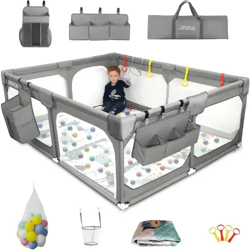 Baby Playpen with Mat 50"*50", Extra Large Playpen for Babies and Toddlers with Storage Bag, BPA-Free, Non-Toxic, Safe No Gaps Playards for Babies, Sturdy Safety Play Yard for Indoor Outdoor Fun, Grey