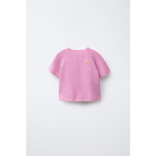 EMBROIDERED PATCH SHORT SLEEVE SWEATER - Pink | ZARA United States