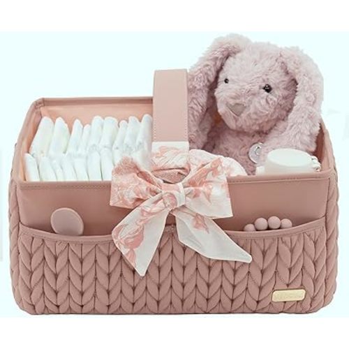 Luxurious Baby Diaper Caddy, Nursery Storage Basket for Newborn Boy and Girl, Travel Baby Basket for Diapers Baby Wipes, Organizer Tote Bag Storage Bin, Baby Shower Gifts (dusty rose)