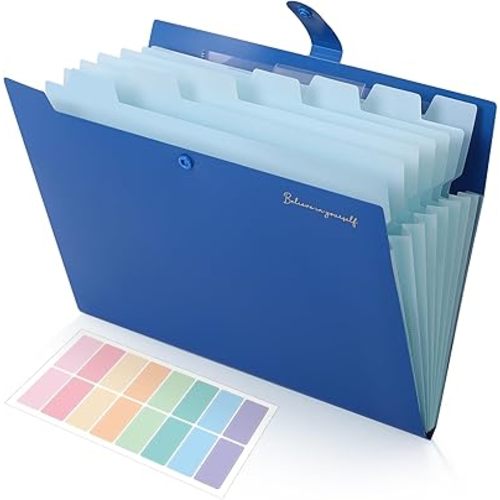 SKYDUE Accordion File Organizer – 8-Pocket Expanding File Folder with Inner Card Pocket for Documents, School, Office, and File Organization, Blue