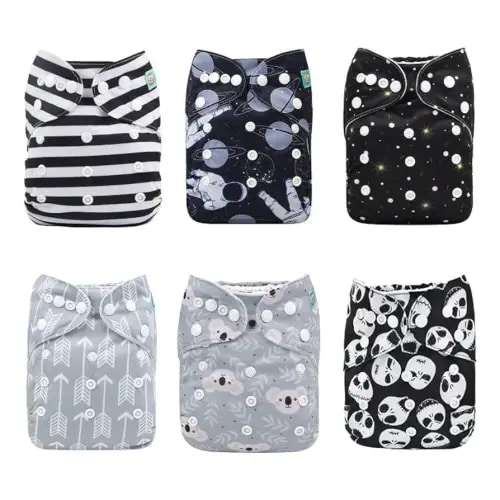 ALVABABY Baby Cloth Diapers 6 Pack with 12 Inserts One Size Adjustable Washable Reusable for Baby Girls and Boys (6DM80)