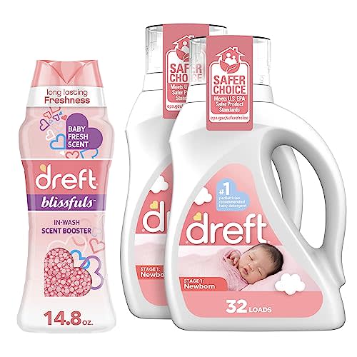 Dreft Stage 1: Newborn Hypoallergenic Baby Laundry Detergent Liquid Soap, 64 Total Loads, 46 Ounce (Pack of 2), & Dreft Blissfuls Laundry Scent Booster Beads for Washer, Baby Fresh Scent, 14.8 oz