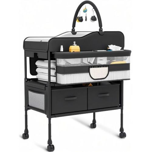 Baby Changing Table, Versatile Folding Changing Table, Waterproof Diaper Changing Station with 2 Drawers, Mobile Nursery for Infant and Newborn