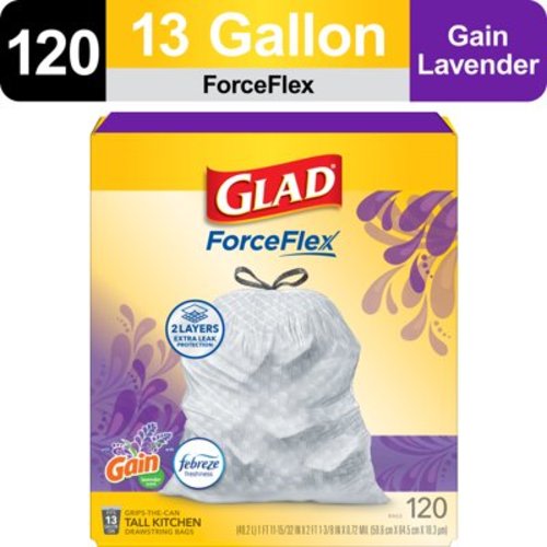 Glad ForceFlex Tall Kitchen Drawstring Trash Bags, 13 Gallon, Gain Lavender with Febreze Freshness, 120 Count