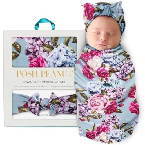 Posh Peanut Baby Swaddle Blanket & Headband - Matching Newborn Girl Swaddle Set, Use As a Receiving Blanket or Nursing Cover
