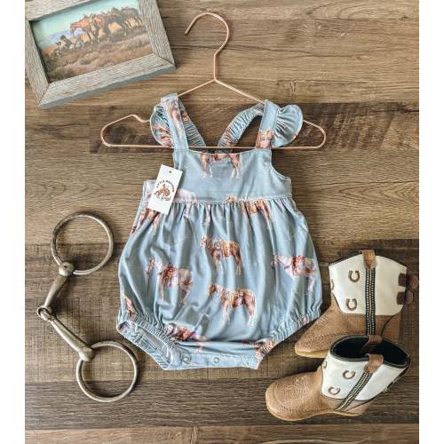 Watercolor Horses Bamboo Ruffle Bubble Romper (Baby) - Dusty Blue
