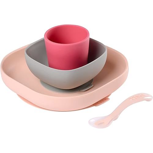 BEABA 100% Silicone 4-Piece Baby Feeding Set, Suction Plates for Baby, Includes Plate, Bowl, Cup, 2nd Stage Silicone Spoon, Made w/High Grade Food Safe Silicone, Rose