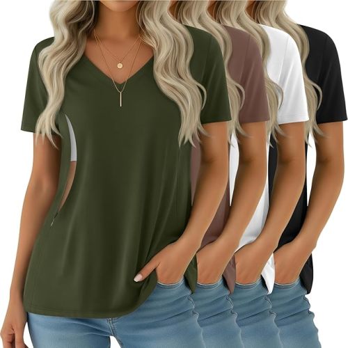 4 Pack Women's Nursing Shirts for Breastfeeding with Hidden Zipper V Neck Short Sleeve Loose Fit Maternity Tops