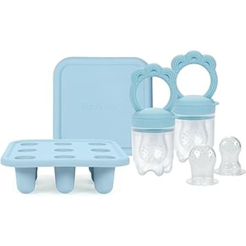 Ruby's Nest Baby Fresh Fruit Food Feeder, Breastmilk Popsicle Mold for Infant Teething Relief, Silicone Feeder with Freezer Tray, BPA Free Baby Feeder Bundle for Infant Safe Self Feeding (Slate Blue)