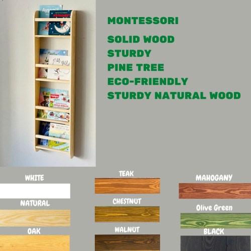 4 tier Narrow Handmade Montessori Kids Bookshelf, Natural Wood Nursery Book Rack, Slim Space Saver Toddler Wall Mounted Skinny Book Shelf