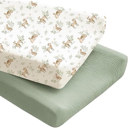 Konssy 2 Pack Muslin Changing Pad Covers for Boys, Ultra Soft & Breathable Cotton Baby Diaper Changing Table Covers, Neutral Nursery Diaper Changing Pad Sheets (Woodland,Sage)