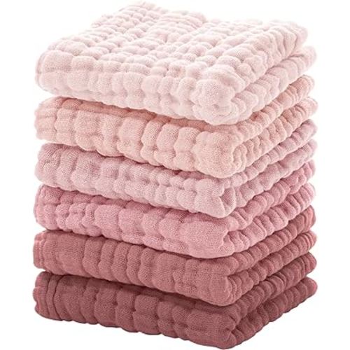 Looxii Muslin Baby Washcloths 6 Pack, 100% Cotton Baby Wash Cloths for Baby Face Body, 12x12 inches Large Soft Absorbent Face Towels for Newborns Gradient Pink