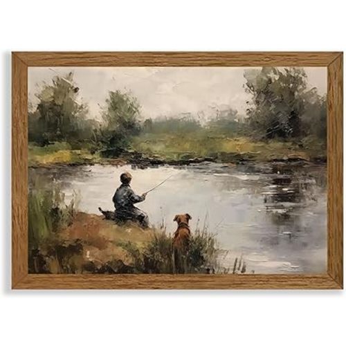 Wojuin Serene Fishing Scene Wall Art for Nature Lovers, Rustic Wood Framed Wall Decor to Create a Calming Ambiance, High Quality Art Prints for Living Room or Bedroom, 20x30 Inches, Easy to Hang