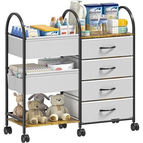 Baby Diaper Caddy Organizer with Wheels, 4-Tier Rolling Storage Cart Featuring Dividers and Drawers, Multi-Layer Nursery Utility Cart for Baby Essentials, Bedroom, Changing Table, Nursery Organization