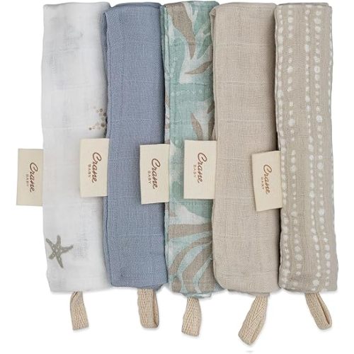 Crane Baby Wash Cloth Set, 100% Cotton Baby Washcloths, Set of 5 Baby Washcloths, Sea Life Starfish Theme, Baby Washcloths for Newborn, Muslin Baby Washcloths, Newborn Baby Gift, Baby Registry Gift
