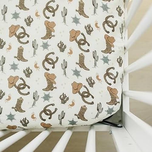 Outlaw Cowboy Muslin Crib Sheet by Mebie Baby, Soft and Breathable Bed Sheets for Babies, Modern Neutral Bedding for Cribs, Standard Crib Mattress Fitted Sheet, Great for Boy or Girl Room