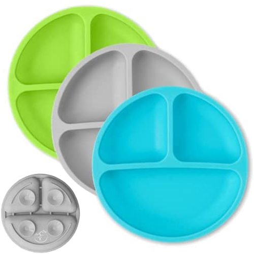 Hippypotamus Toddler Plates with Suction - Baby Plates - 100% Food-Grade Silicone Divided Plates - BPA Free - Microwave & Dishwasher Safe - Set of 3 (Blue/Gray/Green)