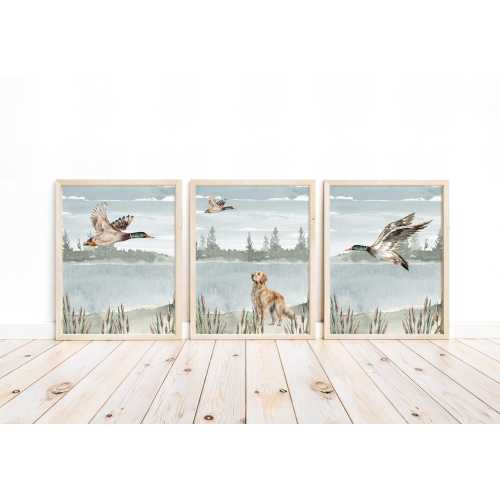 Watercolor Duck and Golden Retriever Outdoor Themed Set of 3 Unframed Prints
