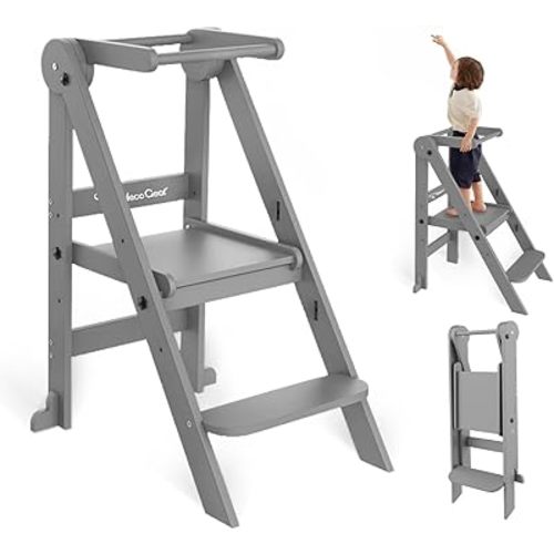 Foldable Toddler Tower, 3 Adjustable Height Toddler Standing Tower, Wooden Kids Kitchen Stool Helper with Safety Rails, Space Saving Kids Step Stool - Ages 18 Months to 6 Years