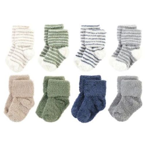Hudson Baby Infant Boy Cozy Chenille Newborn and Terry Socks, Green Blue Stripe, 0-6 Months