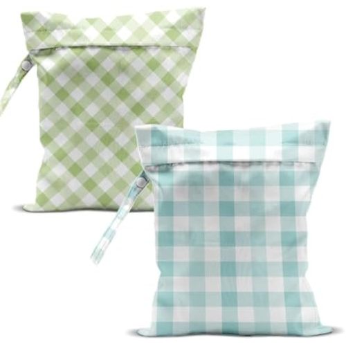 Swimsuit Bag Wet Bags for Travel Reusable Waterproof Bags Mint Green Gingham Wet Bag for Swimsuit Towels Beach Gym 10.2×12.6 Inches