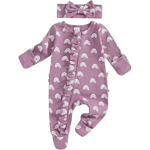 Baby Girl Winter Clothes Newborn Going Coming Home Outfit Ruffle Romper Cute Ribbed Jumpsuit and Headband