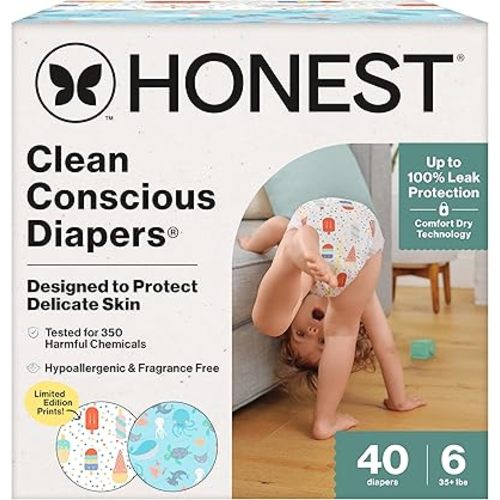 The Honest Company Clean Conscious Diapers for Sensitive Skin | Up to 100% Leakproof | Hypoallergenic, Fragrance Free | Summer '25 Limited Edition Prints | Club Box, Size 6 (35+ lbs), 40 Count